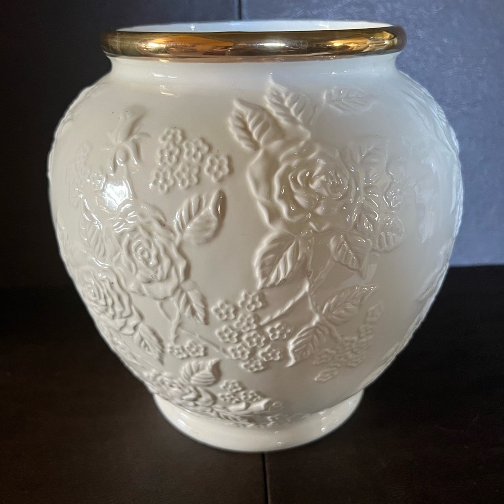 Formalities By Baum Bros White Floral Base with Gold Trim Vase
